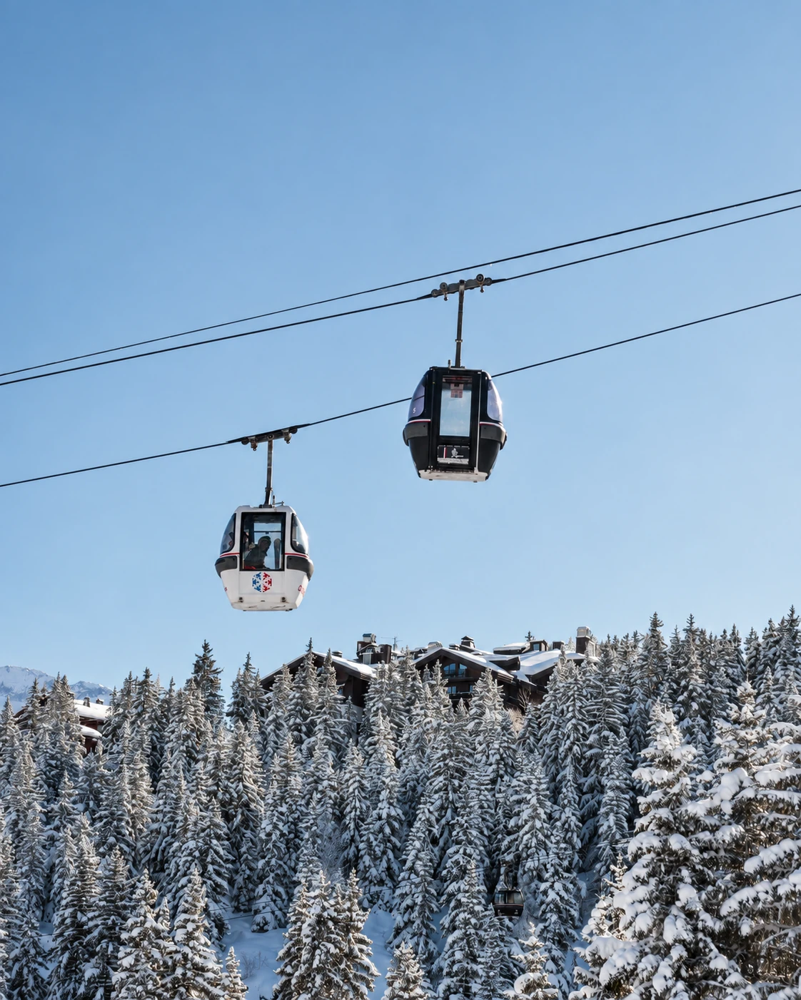 Télécabines au-dessus des chalets et des sapins enneigés de Courchevel